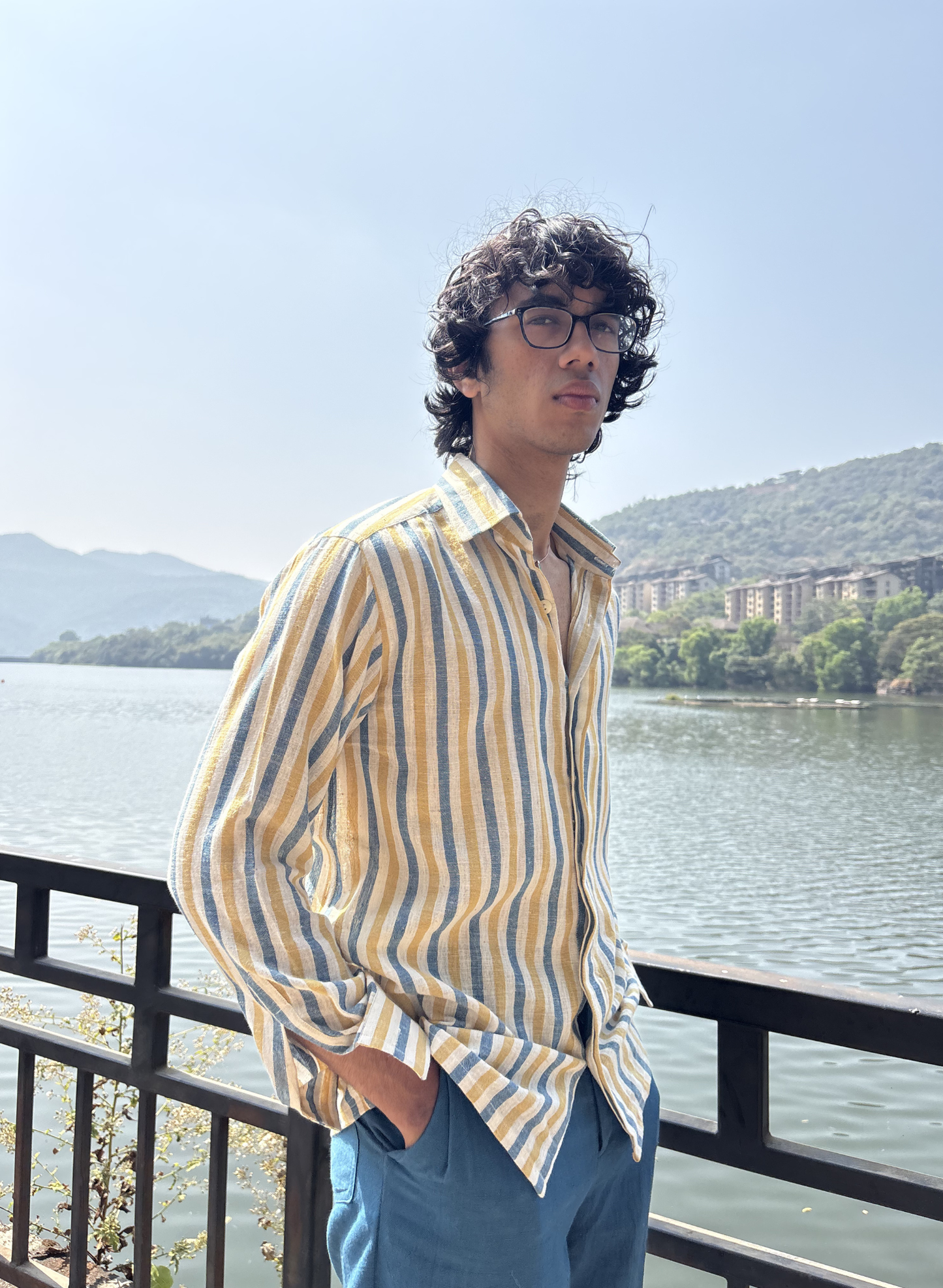 Handwoven Striped Concealed Placket Shirt
