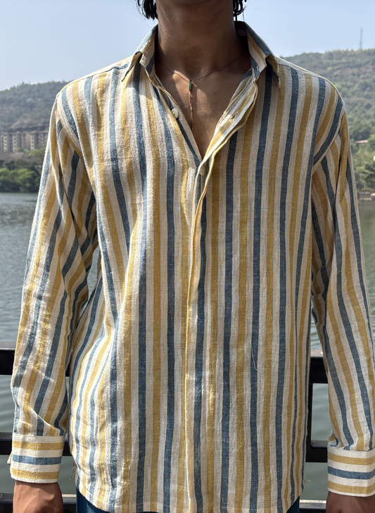 Handwoven Striped Concealed Placket Shirt